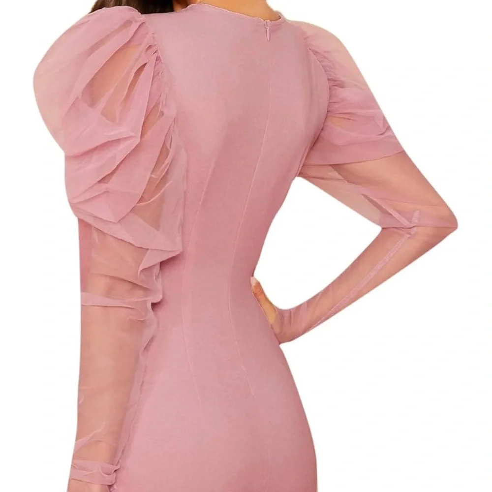 Women's Elegant Contrast Mesh Gigot Sleeve Bodycon Party Dress Pink Medium - Picture 6 of 10